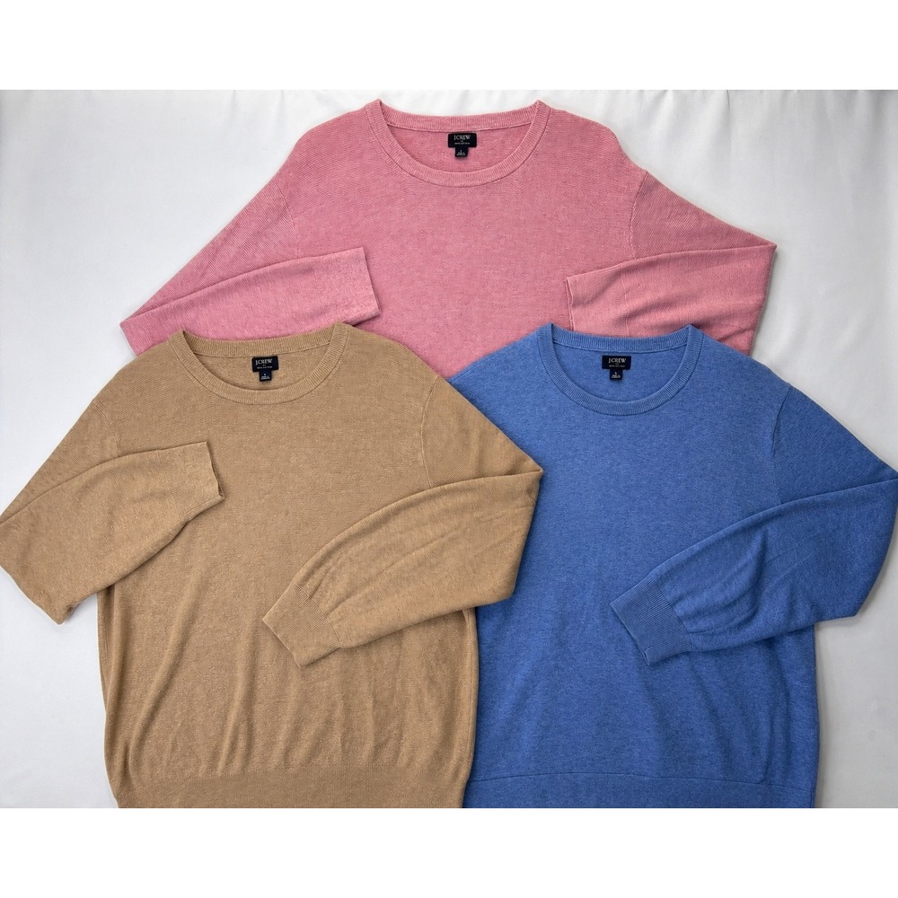 J.Crew Sweater Lot 3 Mens L Pink Tan Blue 100% Cotton Crewneck Pullover Bundle